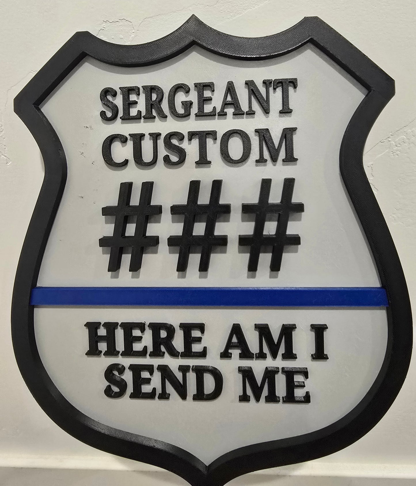 Personalized Police Law Enforcement Thin Blue Line Custom Plaque - Custom Rank/Name/Badge Number (9.5" x .5" x 11.5") 'Here Am I Send Me'