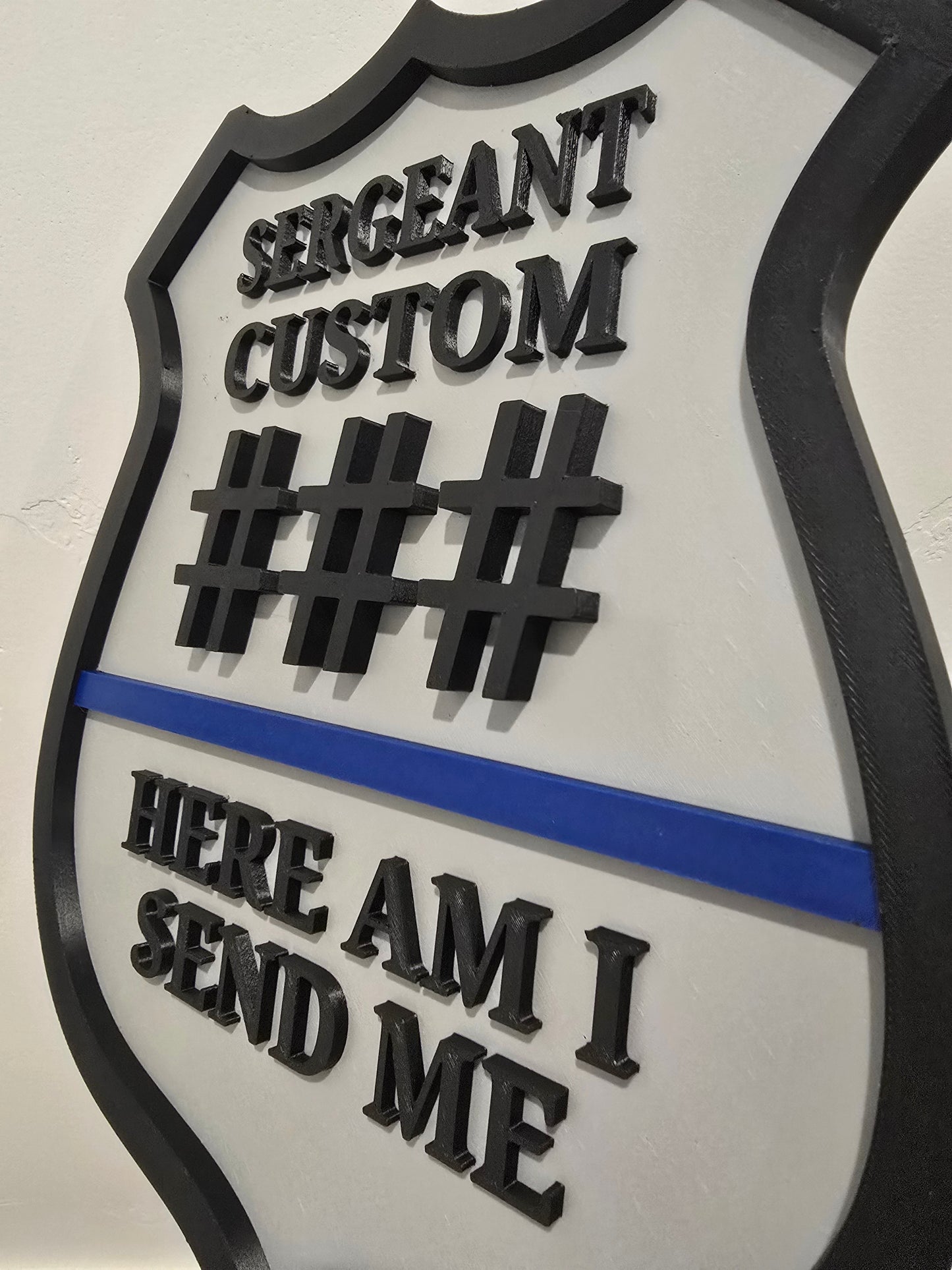Personalized Police Law Enforcement Thin Blue Line Custom Plaque - Custom Rank/Name/Badge Number (9.5" x .5" x 11.5") 'Here Am I Send Me'