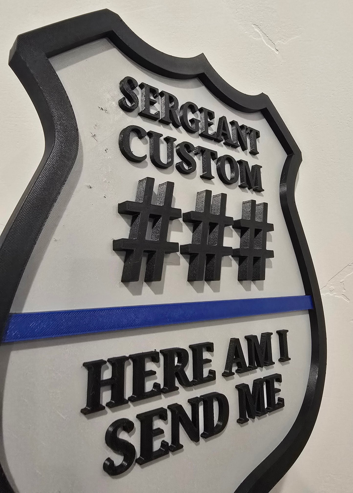 Personalized Police Law Enforcement Thin Blue Line Custom Plaque - Custom Rank/Name/Badge Number (9.5" x .5" x 11.5") 'Here Am I Send Me'