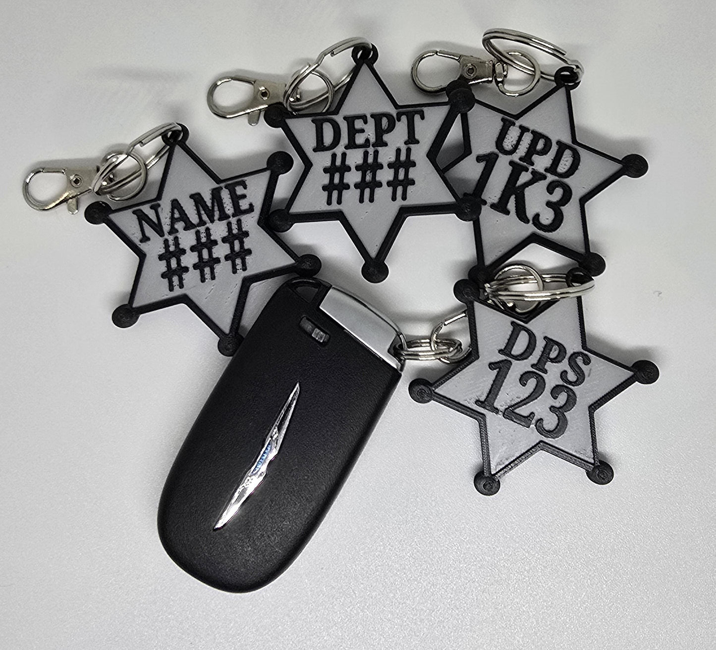 Personalized Police Star Badge Style Keychain - Black & Gold or Grey