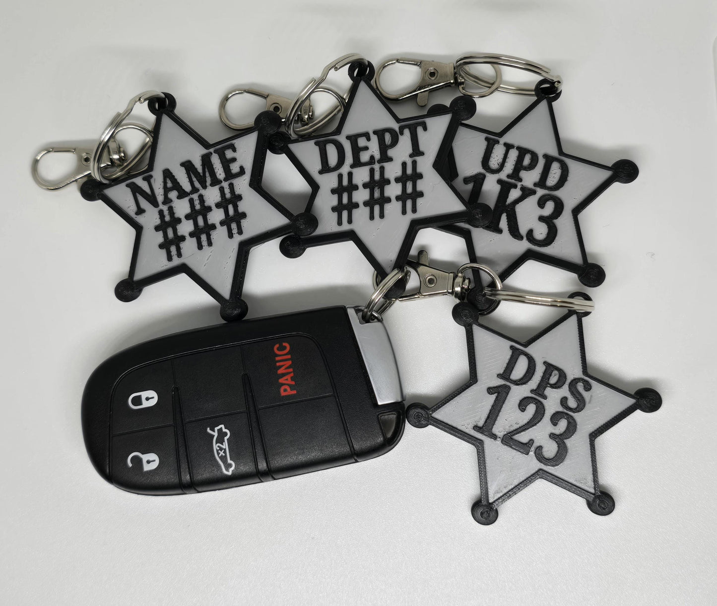 Personalized Police Star Badge Style Keychain - Black & Gold or Grey