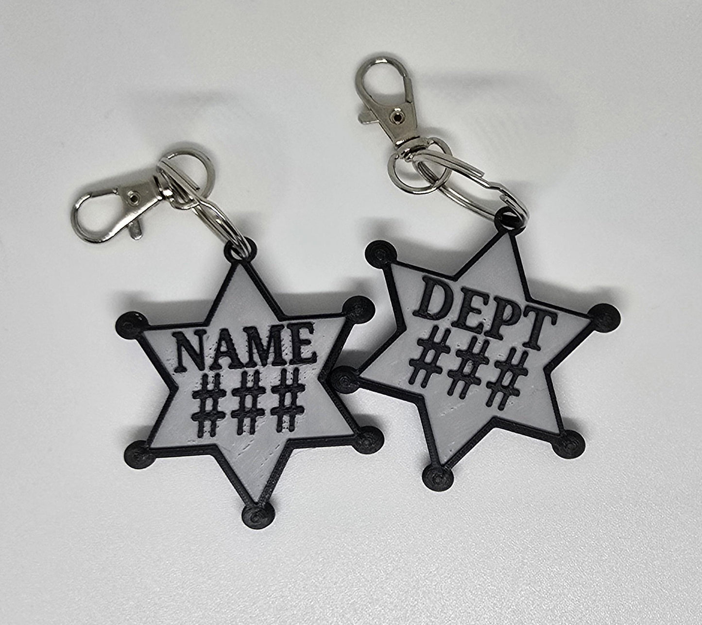 Personalized Police Star Badge Style Keychain - Black & Gold or Grey