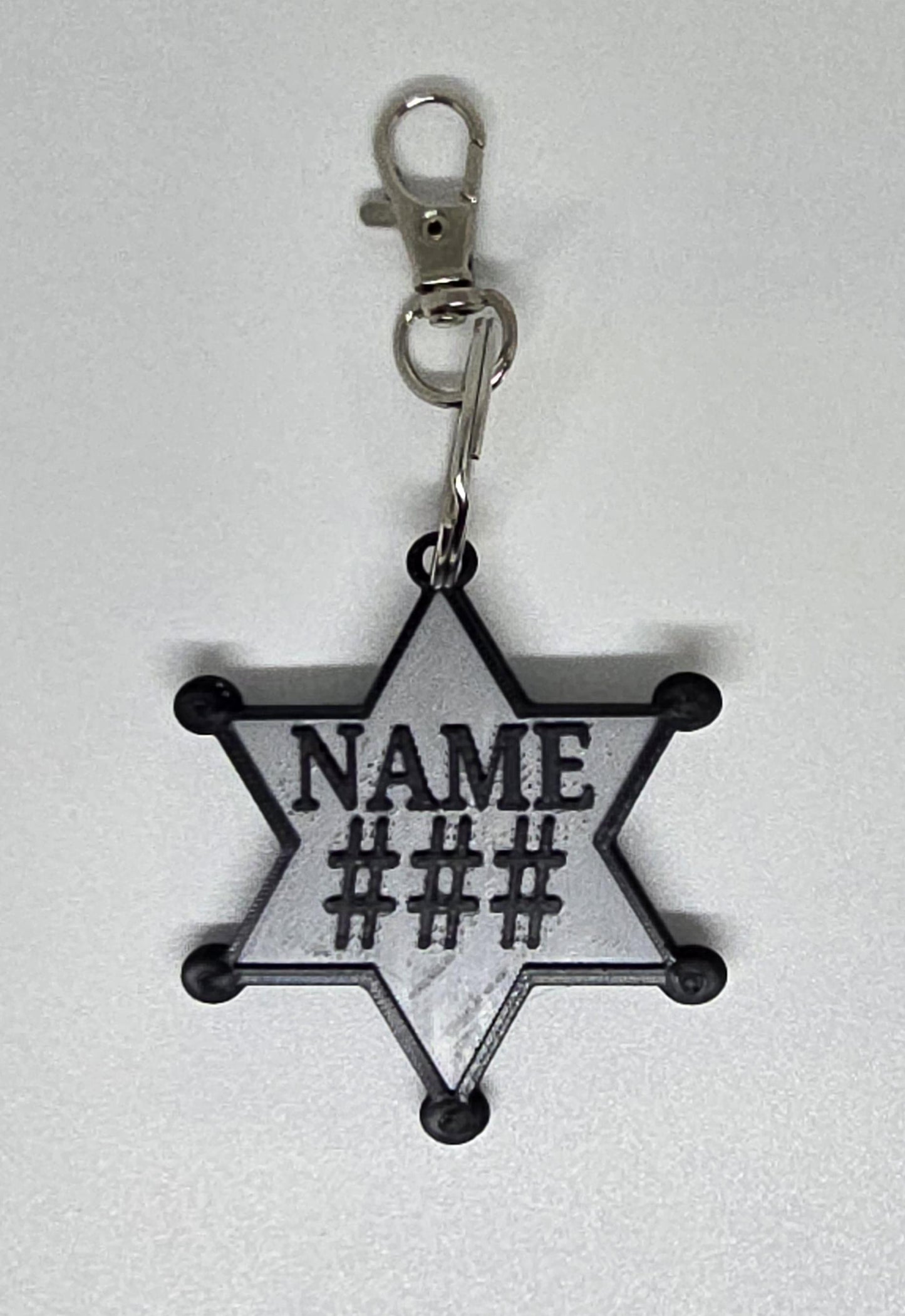 Personalized Police Star Badge Style Keychain - Black & Gold or Grey
