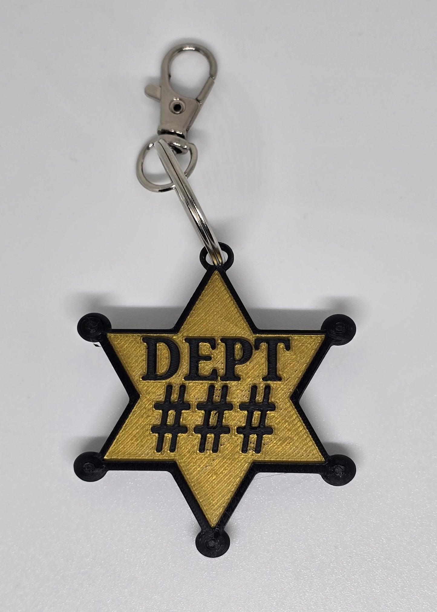 Personalized Police Star Badge Style Keychain - Black & Gold or Grey