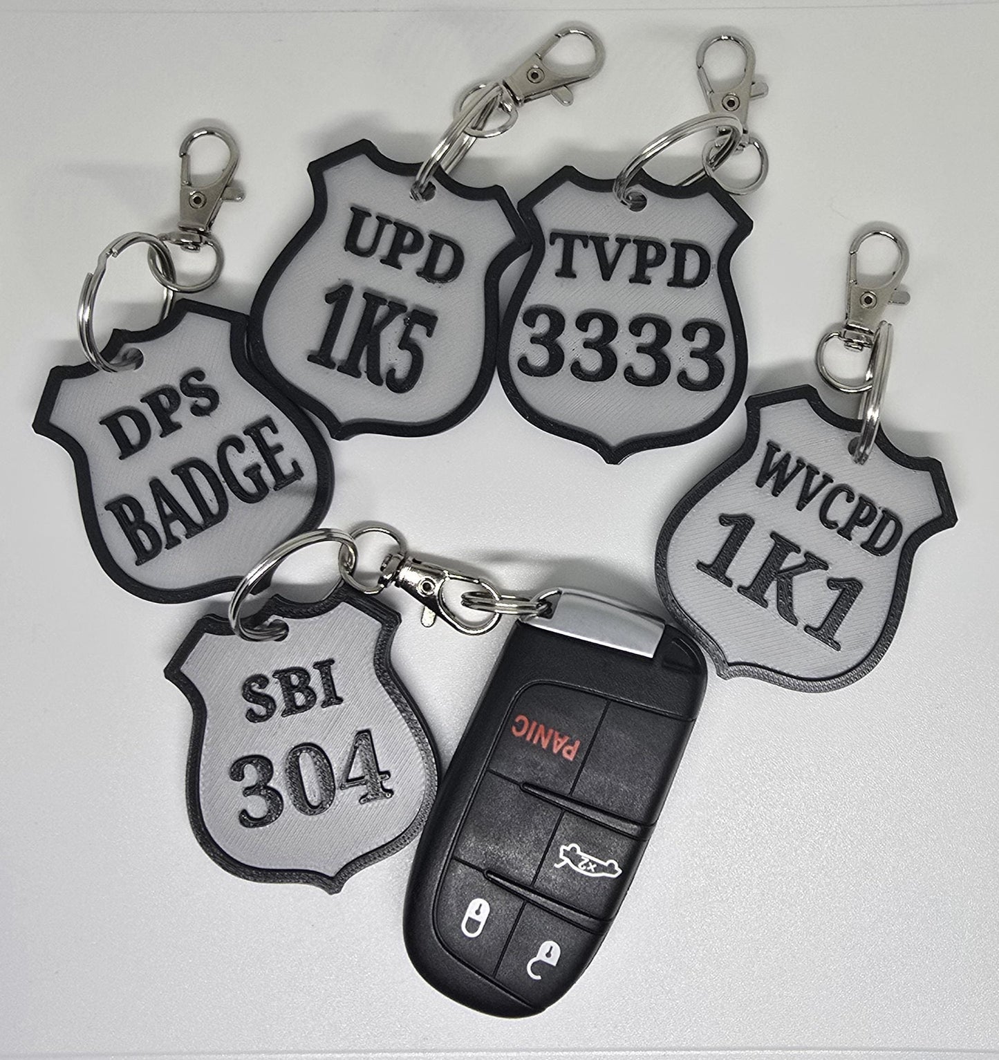 Personalized Police Shield Badge Style Keychain - Black & Gold or Grey