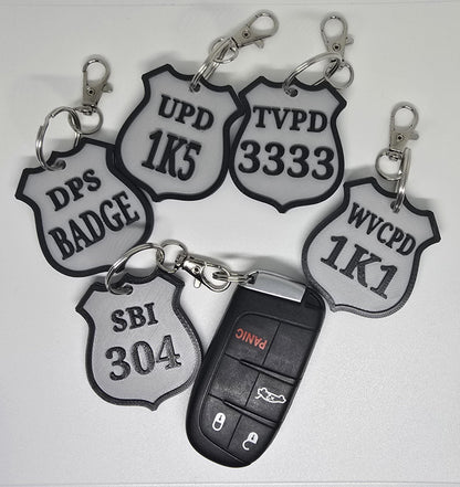 Personalized Police Shield Badge Style Keychain - Black & Gold or Grey