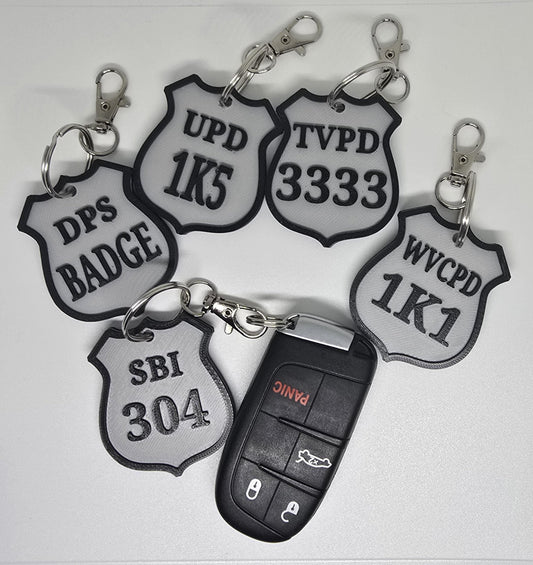 Personalized Police Shield Badge Style Keychain - Black & Gold or Grey