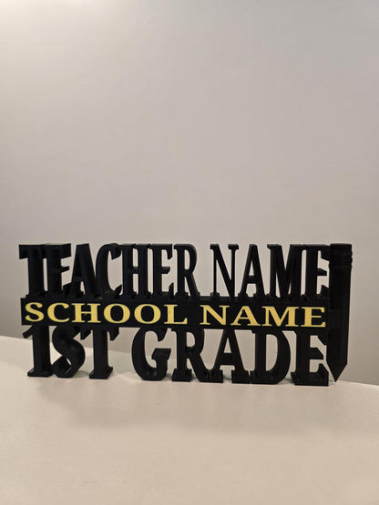 Personalized Teacher / Educator Desk Name Plate - Custom Name and Grade with School Name in School Color (blue, yellow, red, white)