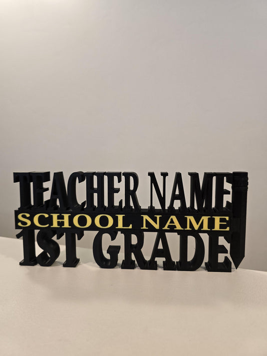 Personalized Teacher / Educator Desk Name Plate - Custom Name and Grade with School Name in School Color (blue, yellow, red, white)