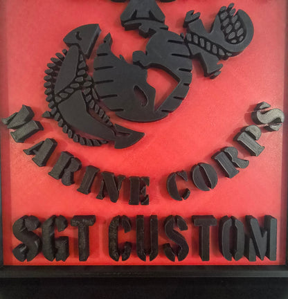 Personalized United States Marine Corps USMC Eagle Globe & Anchor EGA - Custom Rank and Name Plaque (Black and Red)