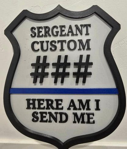 Personalized Police Law Enforcement Thin Blue Line Custom Plaque - Custom Rank/Name/Badge Number (9.5" x .5" x 11.5") 'Here Am I Send Me'
