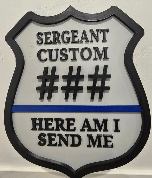 Personalized Police Law Enforcement Thin Blue Line Custom Plaque - Custom Rank/Name/Badge Number (9.5" x .5" x 11.5") 'Here Am I Send Me'
