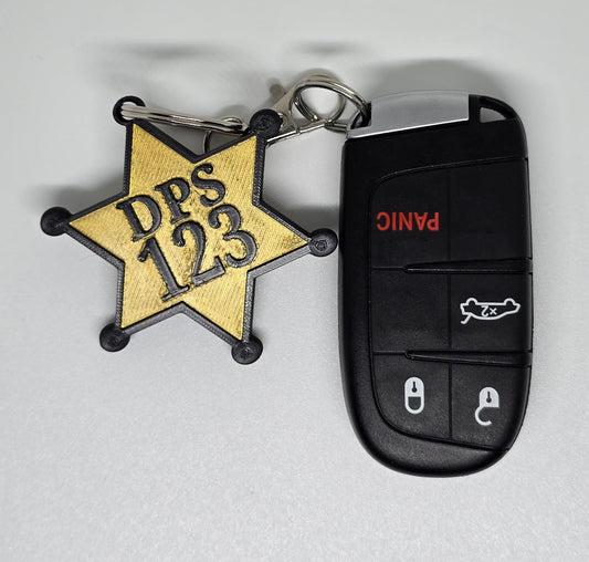 Personalized Police Star Badge Style Keychain - Black & Gold or Grey