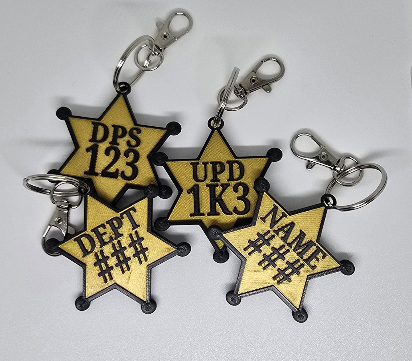 Personalized Police Star Badge Style Keychain - Black & Gold or Grey