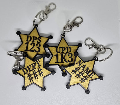Personalized Police Star Badge Style Keychain - Black & Gold or Grey