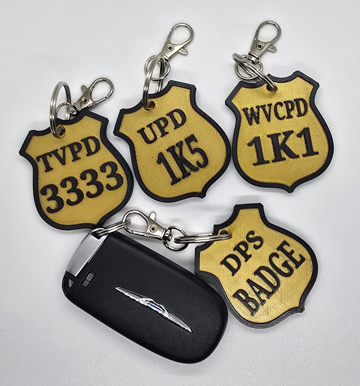 Personalized Police Shield Badge Style Keychain - Black & Gold or Grey