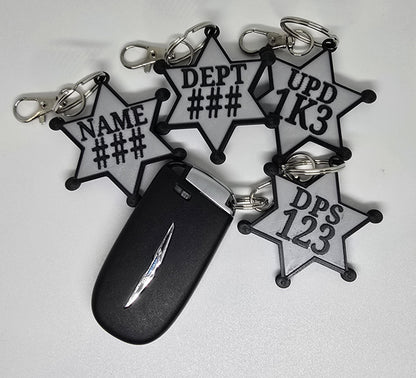 Personalized Police Star Badge Style Keychain - Black & Gold or Grey