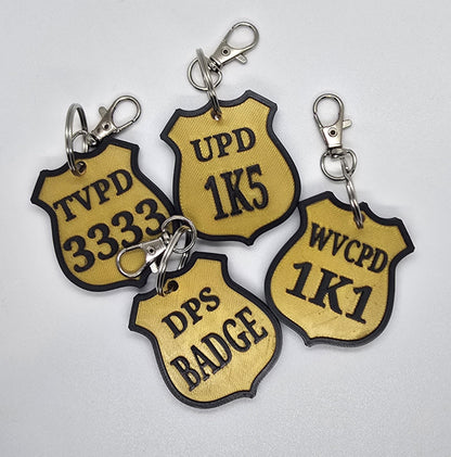 Personalized Police Shield Badge Style Keychain - Black & Gold or Grey