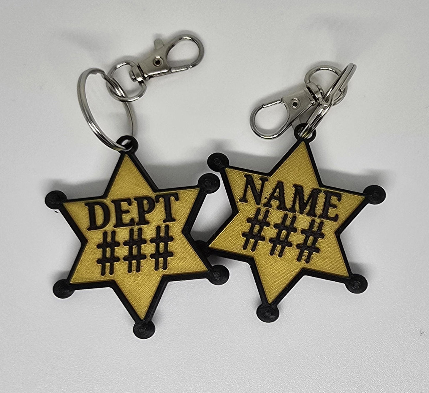 Personalized Police Star Badge Style Keychain - Black & Gold or Grey