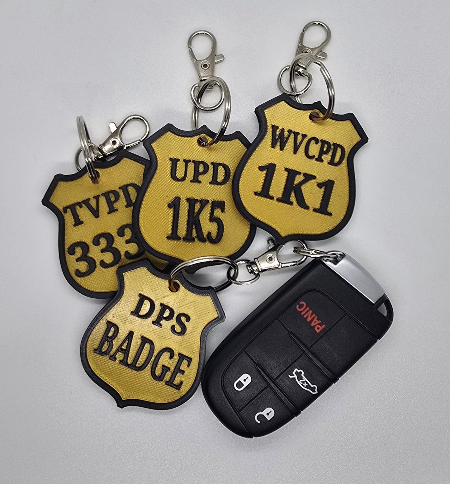 Personalized Police Shield Badge Style Keychain - Black & Gold or Grey