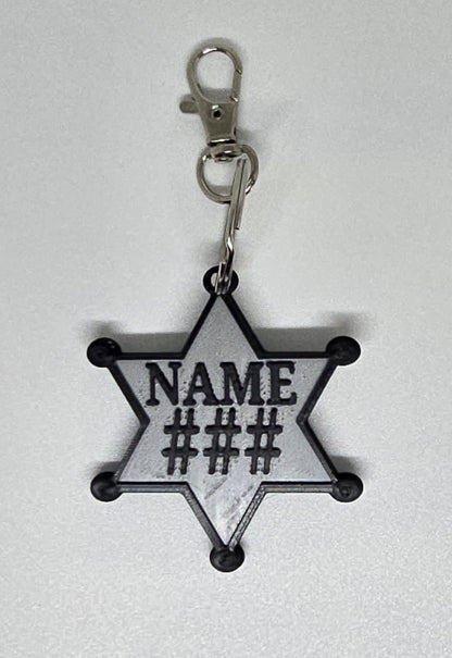 Personalized Police Star Badge Style Keychain - Black & Gold or Grey